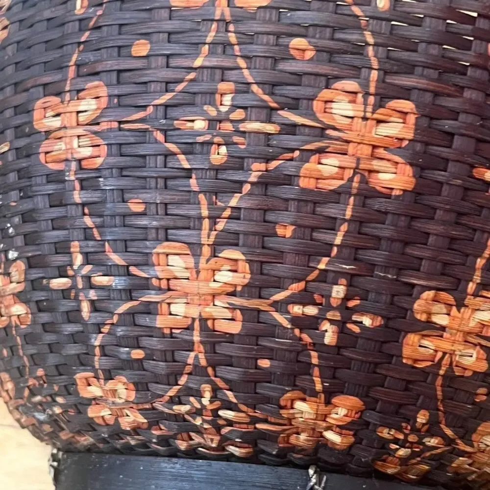 Chinese Woven Basket Round Brown Hand Painted Floral